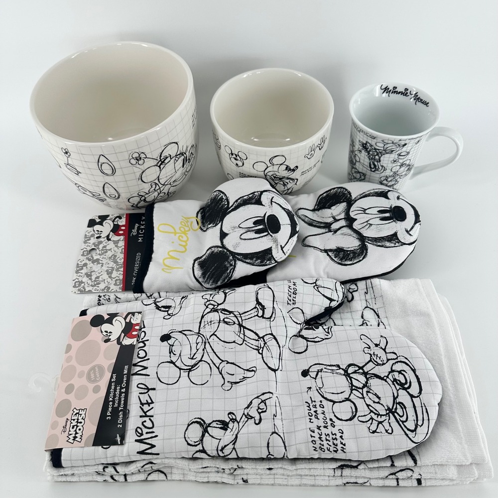 Disney Mickey Minnie Mouse Kitchen Set Bowls Mug Towels Mitts White Black OS